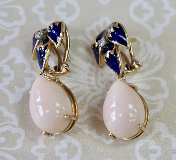 Coral, Enamel & Diamond Drop Earrings
