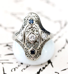VINTAGE ~ Diamond Ring with colorful Blue stones