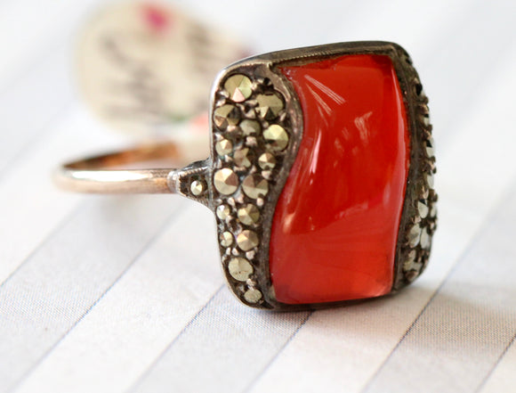 Art Deco Carnelian and Marcasite Ring
