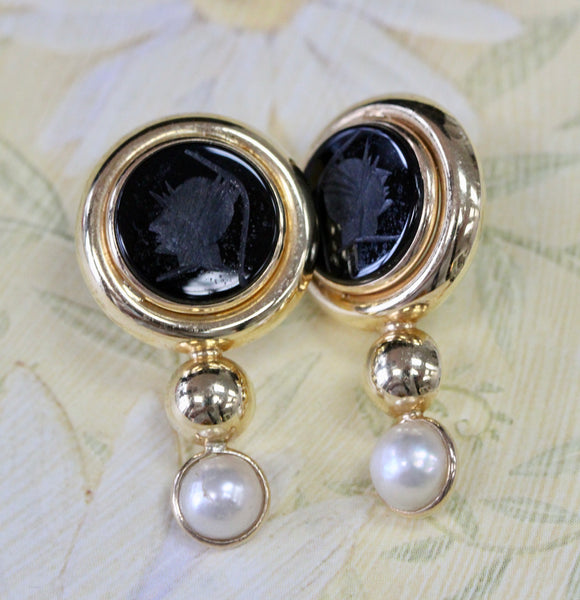 Intaglio Onyx & Pearl Earrings ~ VINTAGE