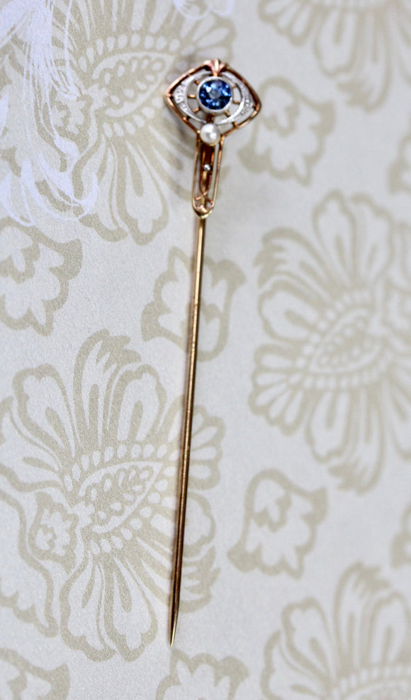 Sapphire & Seed Pearl Stick Pin