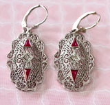 Pretty ~ Filigree with Diamond and Red Stone Drop Earrings