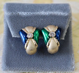 Classic ~ Blue & Green Enamel Earrings with Diamonds