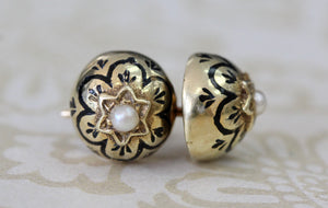 Gold & Enamel Earrings with Pearl Center ~ VINTAGE