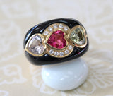 Triple Heart Ring with Pink & Green Sapphires & Diamonds ~ BOLD
