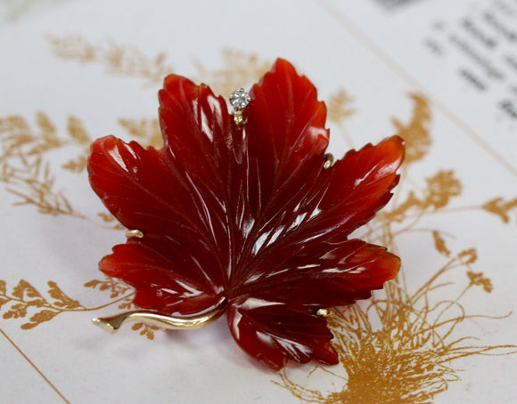 Colorful ~ Leaf Carnelian Pin with Diamond Accent