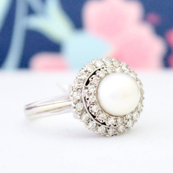 Beautiful Vintage Cultured Pearl Diamond Ring