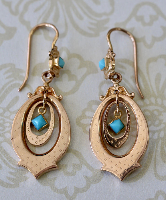 Rose Gold with Turquoise Earrings, French Hallmarks ~ ANTIQUE