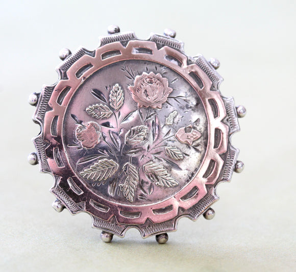 Sterling Silver Pin With Rose & Green Gold Accents ~ Circa 1880