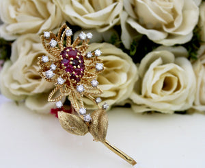 Ruby and Diamond Flower Pin