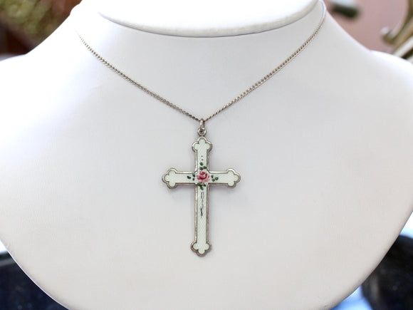 Sterling Silver & Enamel Cross Pendant Necklace ~ VINTAGE