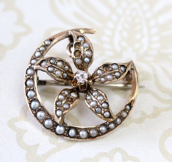 ANTIQUE Pin with Seed Pearls & Diamond