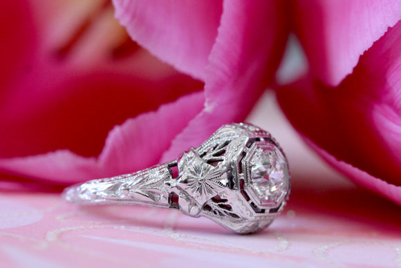 Mine Cut Diamond Engagement Ring with Filigree ~ VINTAGE