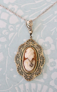 Cameo Pendant Necklace with Diamond Accent ~ VINTAGE