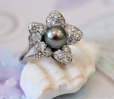Black Pearl & Diamond Flower Ring