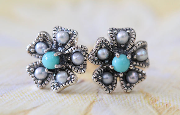 Sterling Silver Earrings with Pearl & Turquoise accents