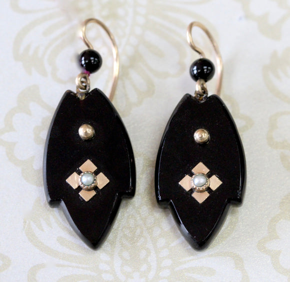 Onyx Earrings with Pearl Accents ~ ANTIQUE