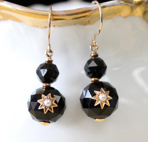 Black Onyx Earrings with Pearl accents ~ CIRCA 1870