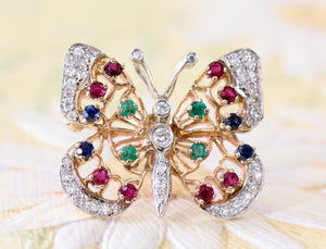 Diamond, Ruby, Emerald & Sapphire Butterfly Pendant / Pin