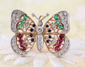 Diamond, Ruby, Sapphire & Emerald Butterfly Pendant / Pin