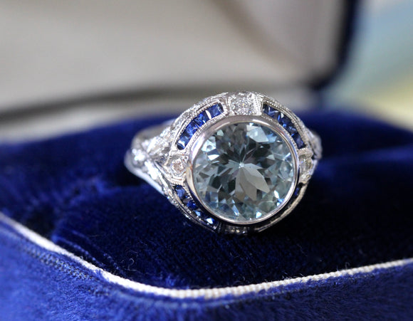 Aquamarine, Sapphire & Diamond Ring ~ PLATINUM
