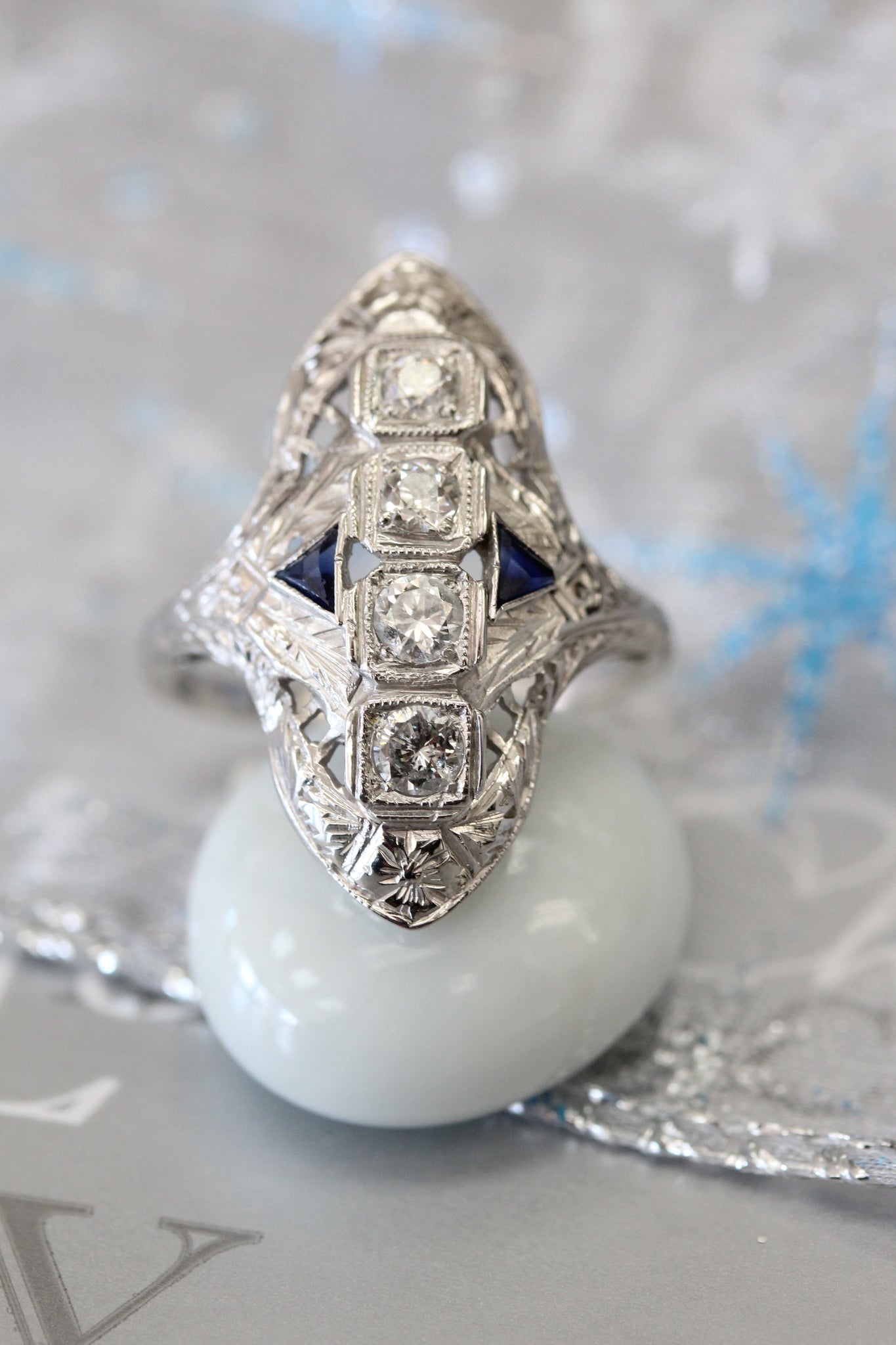 Art Deco Diamond and Synthetic Blue Spinel Ring Platinum c. 1940 – Bavier  Brook Antique Jewelry