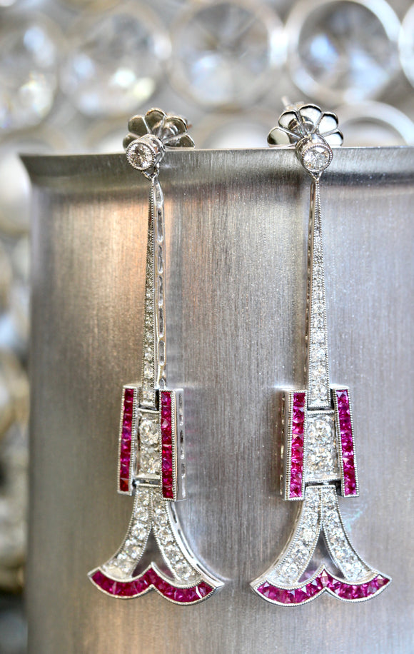Ruby & Diamond Earrings ~ ART DECO