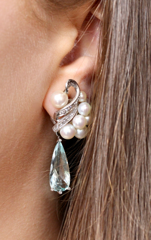 Diamond, Pearl, & Aquamarine Earrings