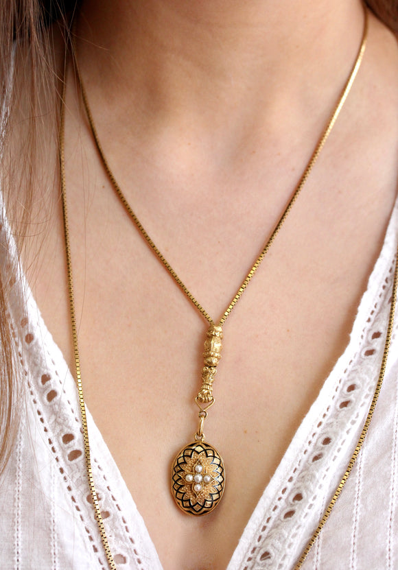Gold & Enamel VICTORIAN Locket Necklace with Slide
