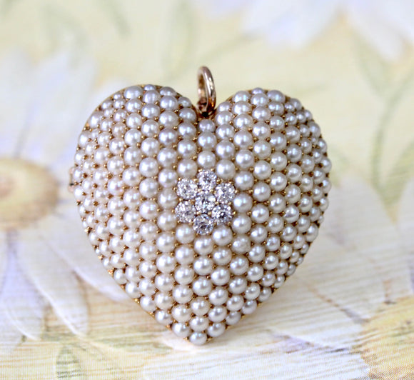 Heart Shaped Pearl & Diamond Pendant/Pin ~ ANTIQUE