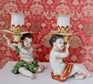 Collectible & Gorgeous ~ Pair of Capodimonte Figural Candlestick Holders