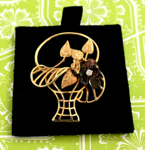 Elegant ~ Gold Leaf Basket Pin with Amethyst
