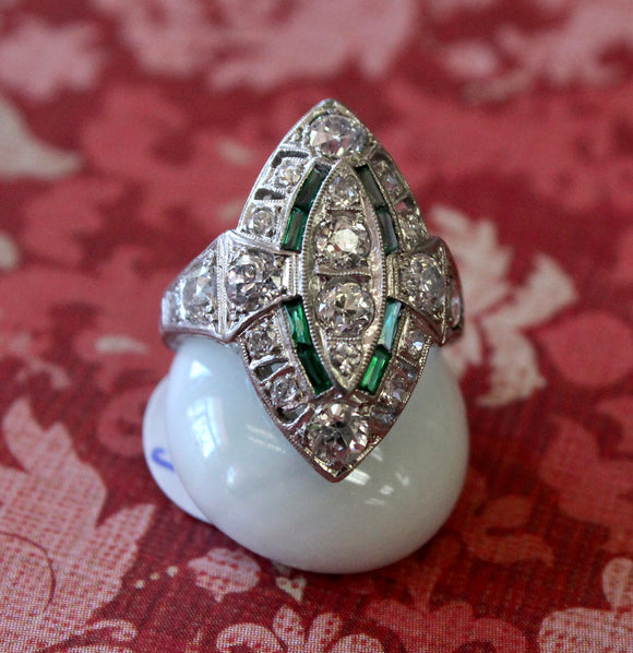 Vintage Platinum Diamond & Emerald Accent Ring ~ WOW