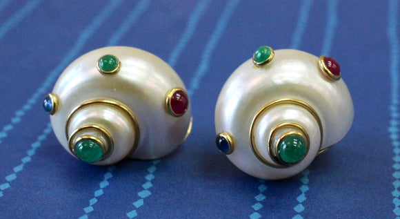 Unique ~ Shell shaped earring with Emerald, Ruby & Sapphire