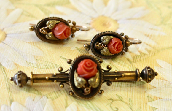 Victorian ~ Coral Earrings & Pin Set