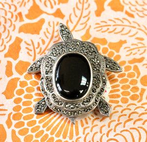 Sterling, Onyx & Marcasite Turtle Pin