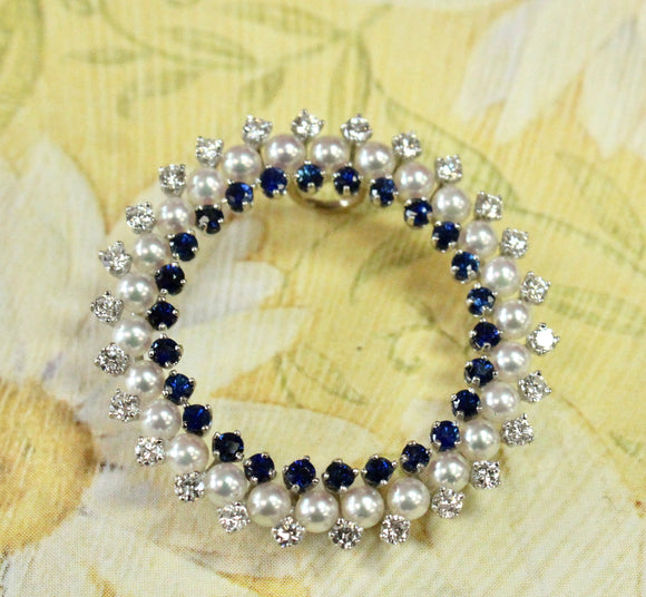 Elegant ~ Sapphire Pin Encircled by Pearls and Diamonds with Open Center