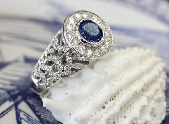 WOW ~ 1.50 Carat Round Blue Sapphire Ring Surrounded by Diamonds
